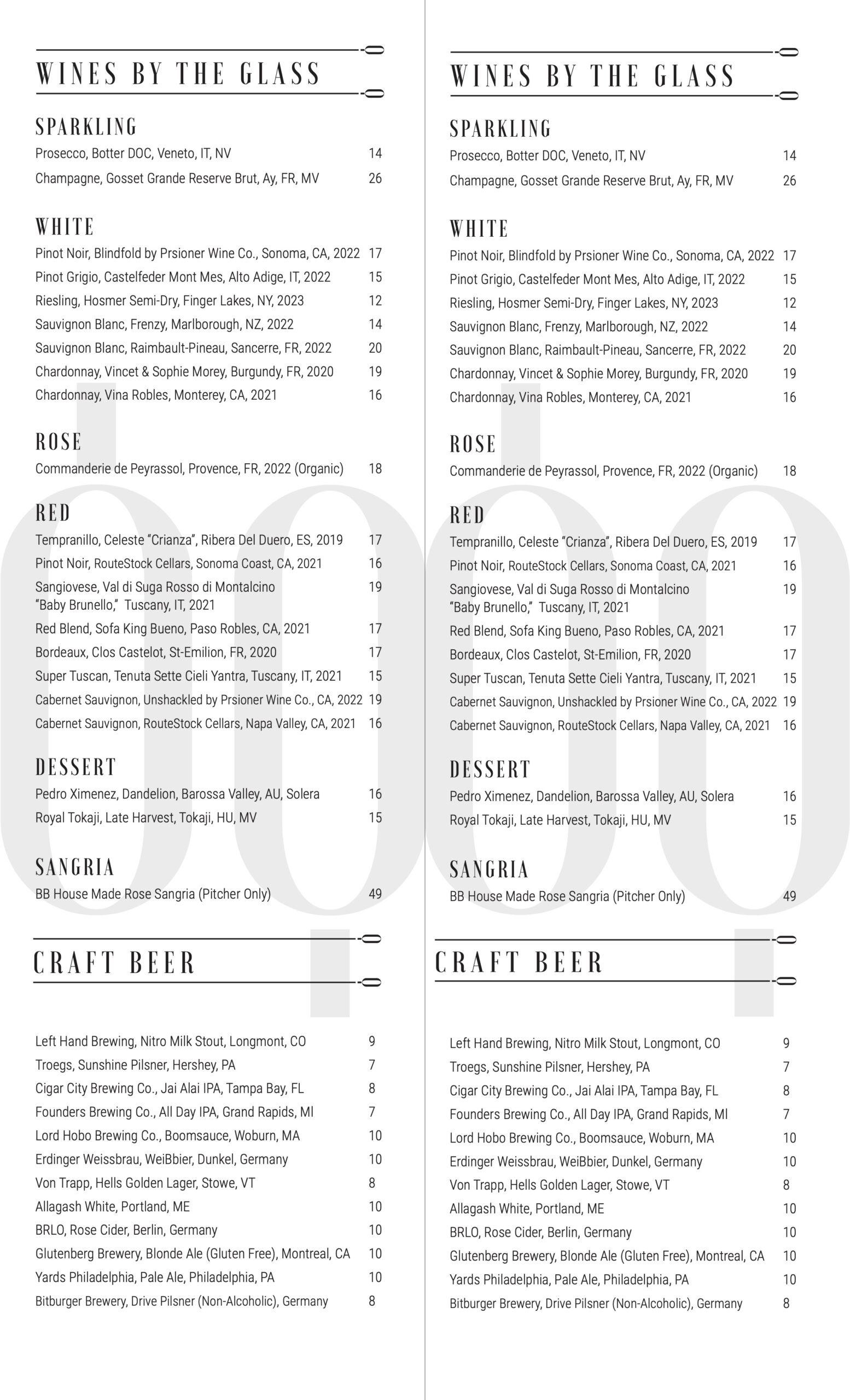 Bar Boutique - wine by glass list - for client