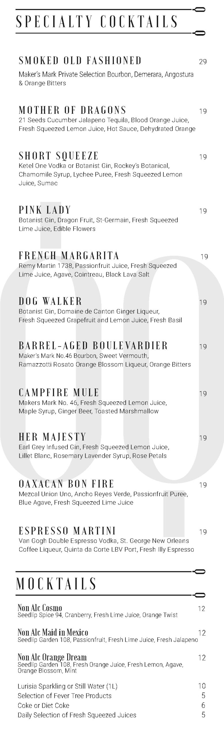Bar Boutique - specialty cocktail list - 4.25.23