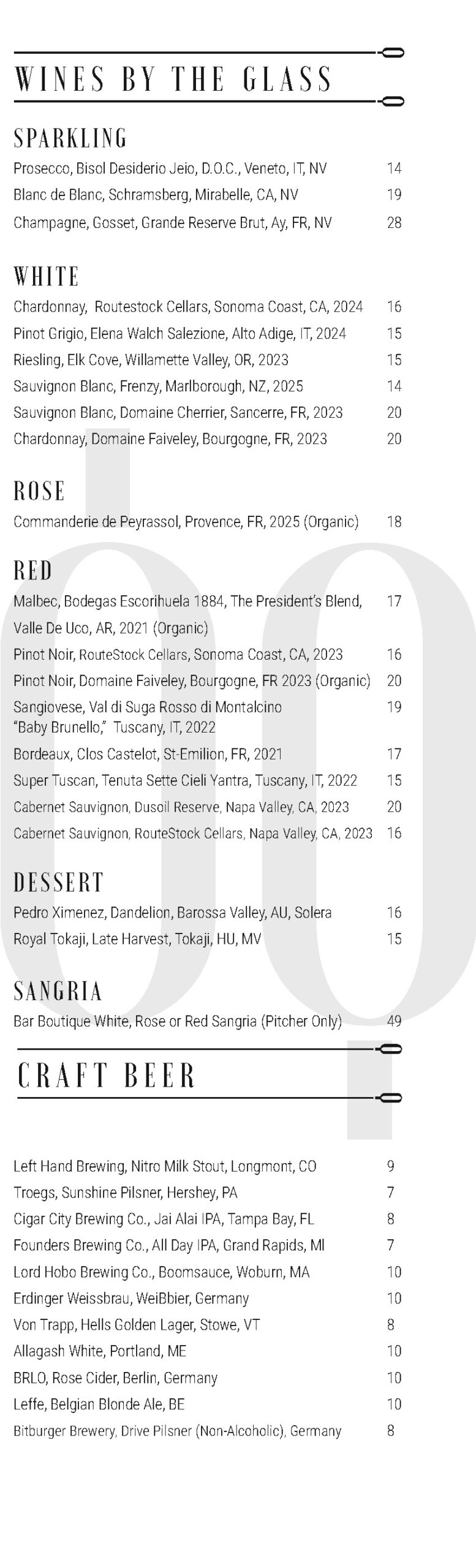 Bar Boutique - wine by glass list
